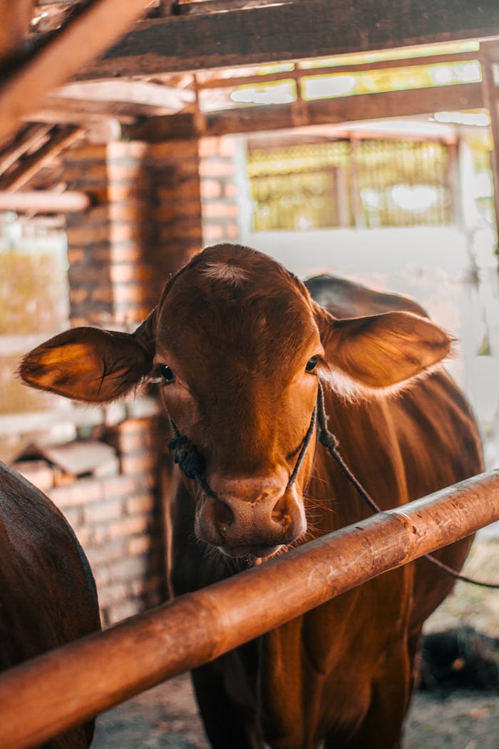 A brown cow standing in a rustic barn with natural light in Indonesia.